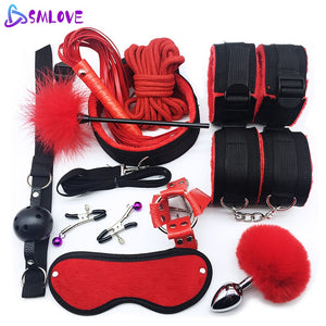 SMLOVE Sex Handcuffs Collar Whip Gag Nipple Clamps