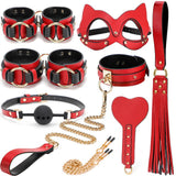 BDSM Bed Bondage Kit Genuine Leather Restraint Set Handcuffs Collar Gag